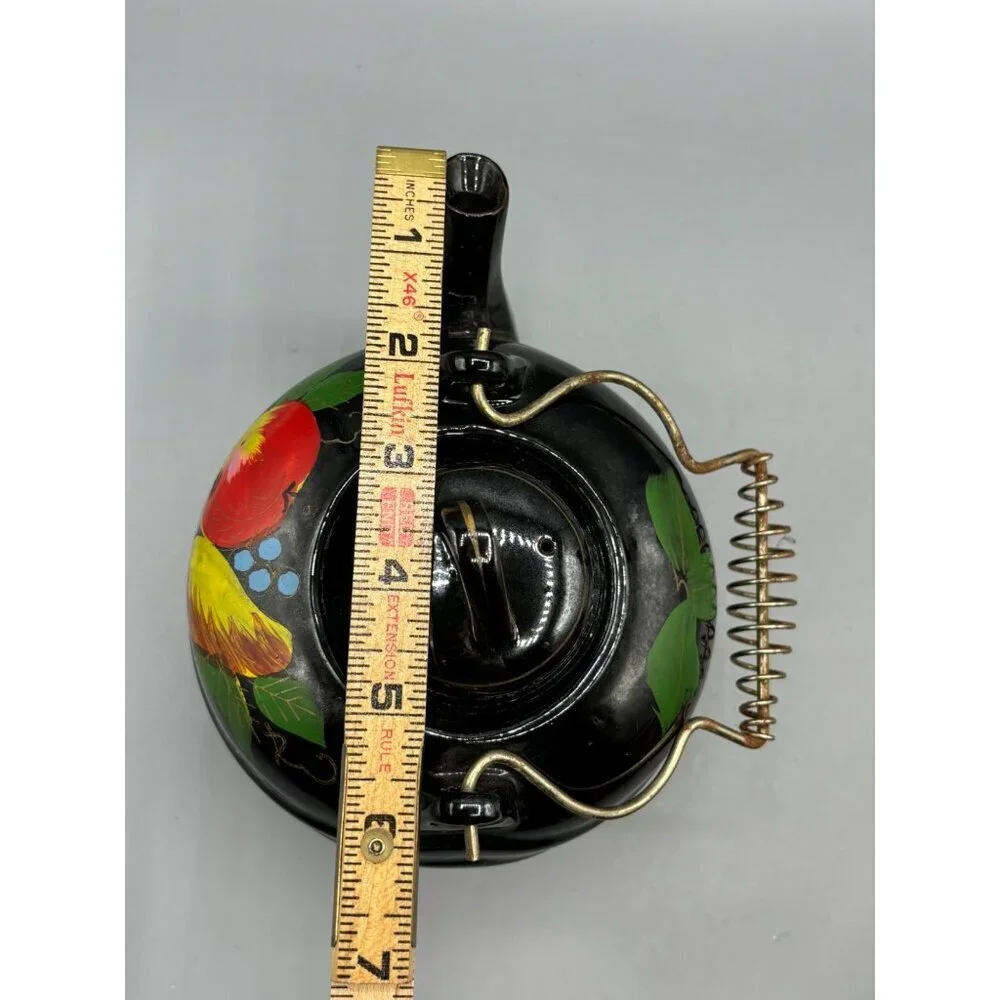 Vtg Wales Black Teapot With Hand Painted Fruit Design Coiled Metal‎ Handle